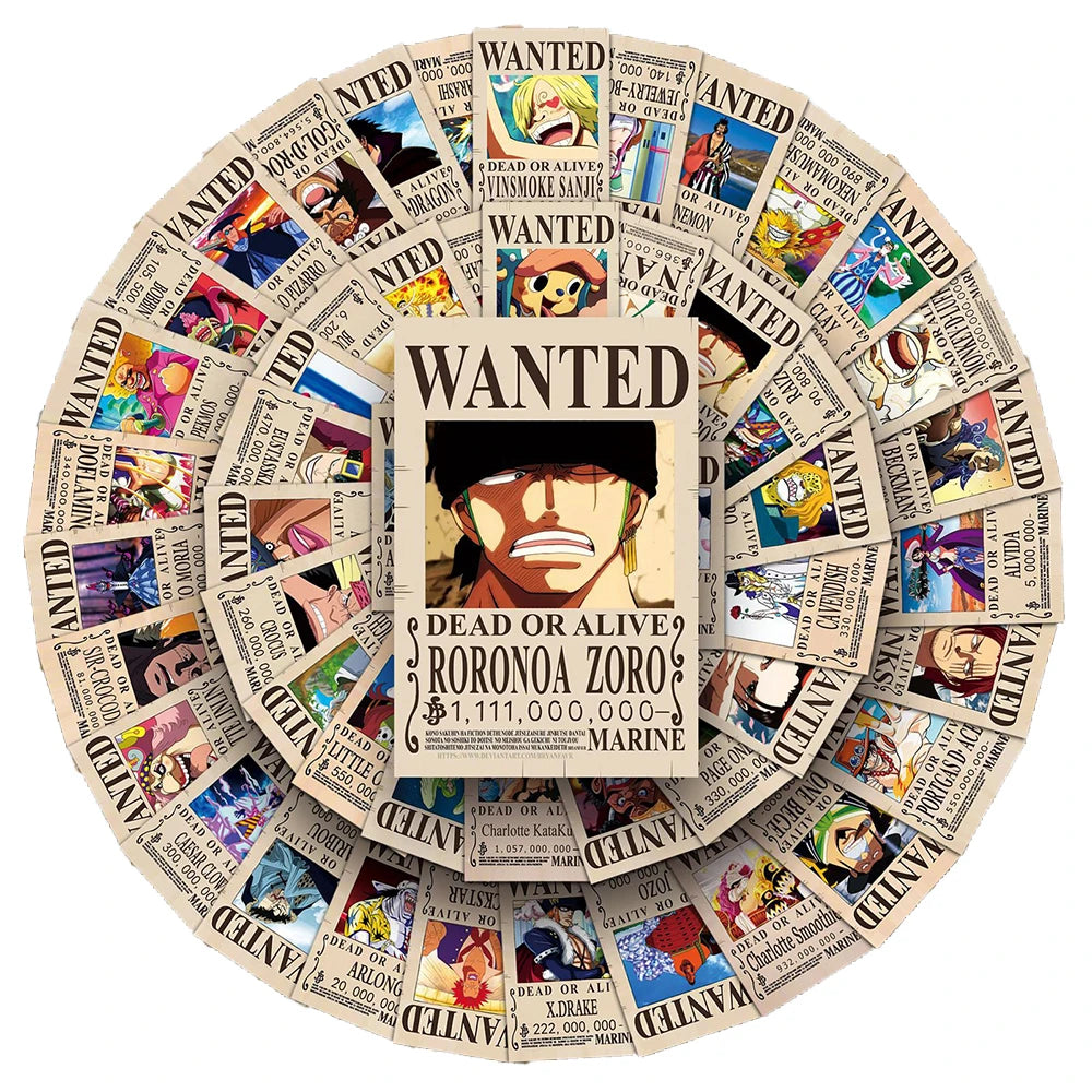 10/30/50/100pcs ONE PIECE Anime Wanted Poster Stickers Manga Character Graffiti Decals DIY Guitar Phone Laptop Car Cool Sticker